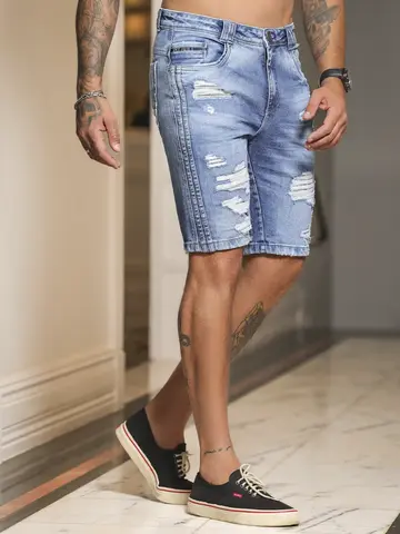 Bermuda Masculina Casual e Versátil com Detalhes em Destroyed Pit Bull Jeans Luxo