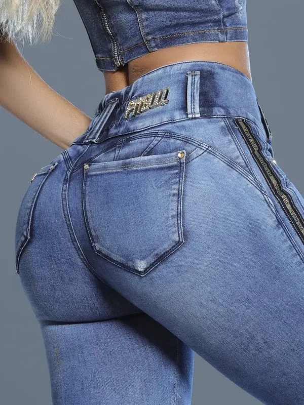 Calça Skinny Cós Largo Cintura Alta com Lateral Personalizada Pit Bull Jeans Luxo