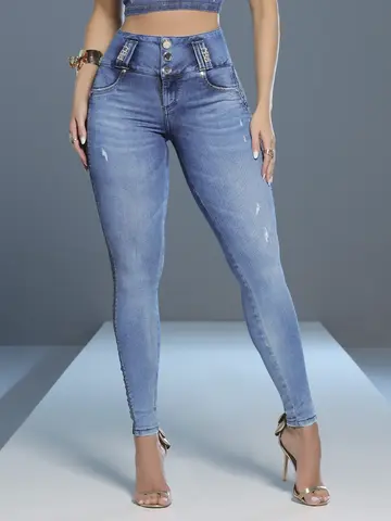 Calça Skinny Cós Largo Cintura Alta com Lateral Personalizada Pit Bull Jeans Luxo