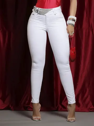 Calça Skinny Cós Largo Pit Bull Jeans Luxo Confortável e Sofisticada com Detalhes no Cós