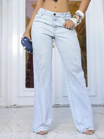 Calça Wide Leg Pit Bull Jeans Luxo Sofisticada e Autêntica com Detalhes Sextavados