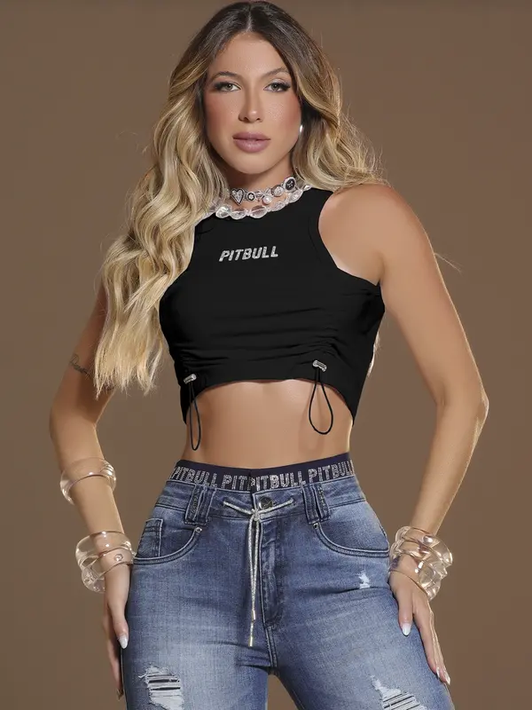 Cropped Pit Bull Jeans Luxo Estiloso e Confortável com Detalhe Franzido