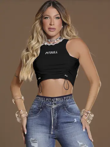 Cropped Pit Bull Jeans Luxo Estiloso e Confortável com Detalhe Franzido