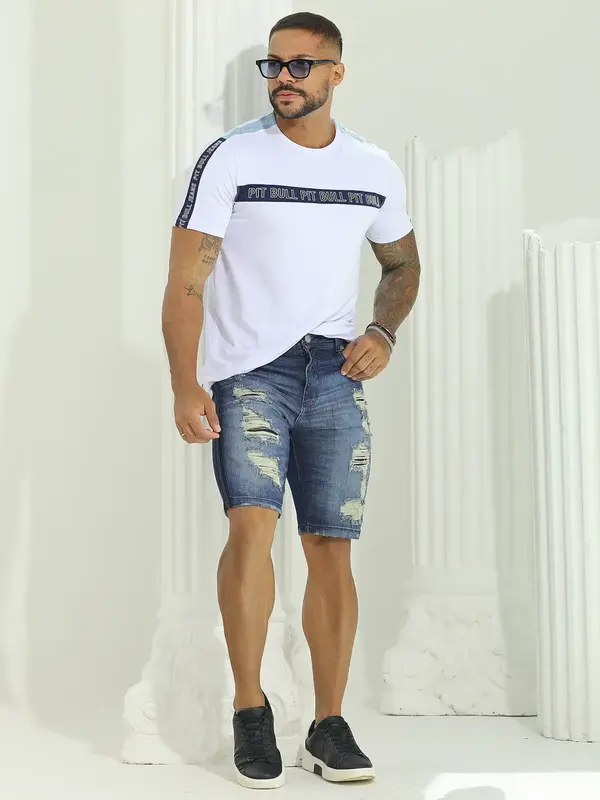 Bermuda Masculina Sofisticada com Lavado Médio e Estilo Destroyed Pit Bull Jeans Luxo