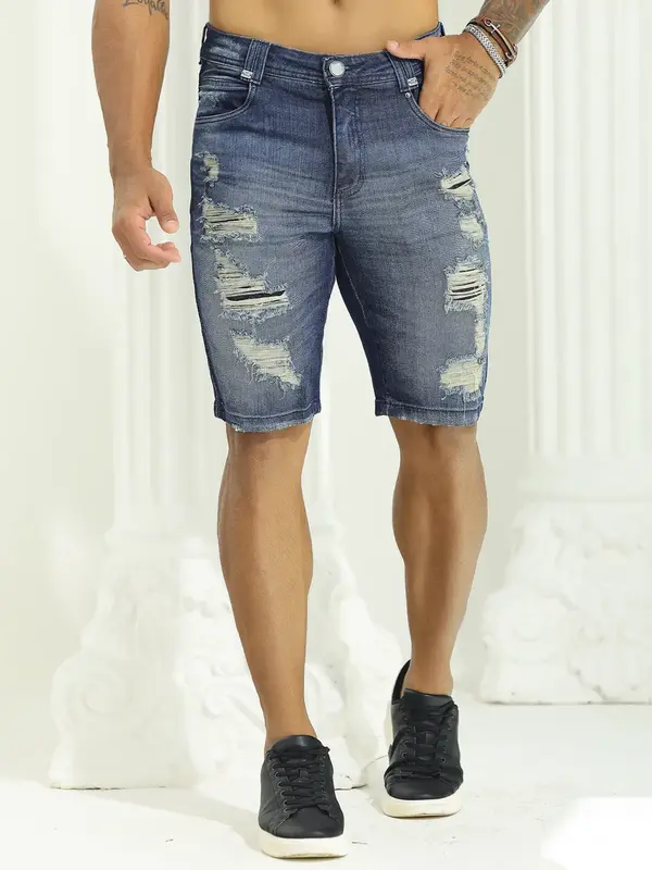 Bermuda Masculina Sofisticada com Lavado Médio e Estilo Destroyed Pit Bull Jeans Luxo