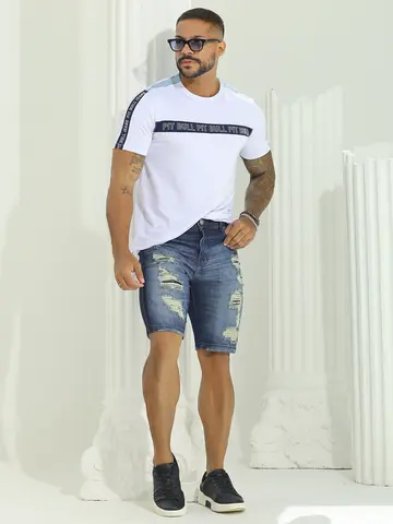 Bermuda Masculina Sofisticada com Lavado Médio e Estilo Destroyed Pit Bull Jeans Luxo