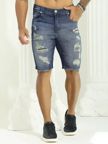 Bermuda Masculina Sofisticada com Lavado Médio e Estilo Destroyed Pit Bull Jeans Luxo