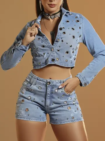 Jaqueta Jeans Conceito Sofisticada com Pedrarias e Ilhoses Pit Bull Jeans