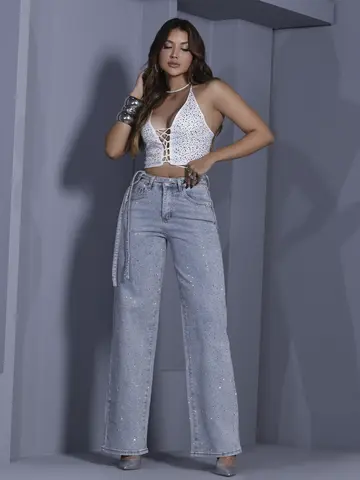 Calça Wide Leg Conceito Sofisticada com Pedrarias e Cinto Personalizado Pit Bull Jeans
