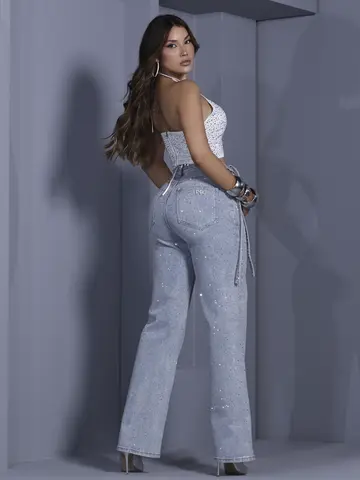Calça Wide Leg Conceito Sofisticada com Pedrarias e Cinto Personalizado Pit Bull Jeans