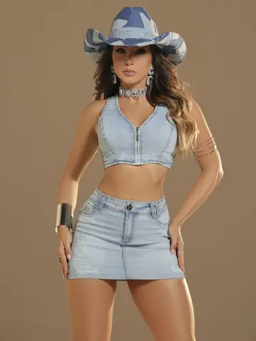 Minissaia Jeans Fashion e Casual com Lateral de Strass Pit Bull Jeans