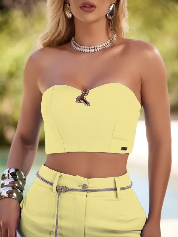 Conjunto Calça e Cropped Fashion e Elegante com Cinto de Strass Empório Pit Bull