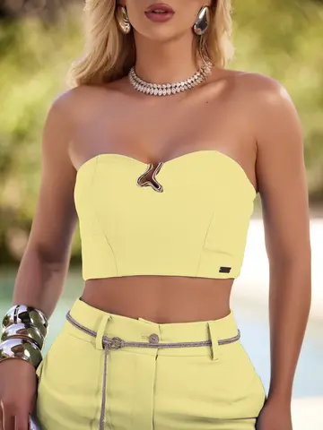 Conjunto Calça e Cropped Fashion e Elegante com Cinto de Strass Empório Pit Bull