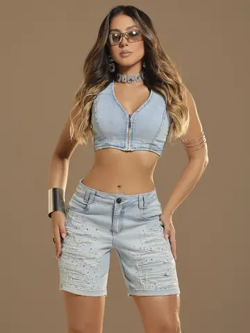 Bermuda Soltinha Confortável com Pedrarias e Estilo Destroyed Pit Bull Jeans Luxo