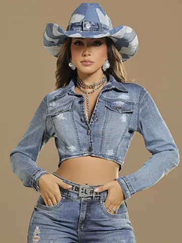 Jaqueta Cropped Jeans Estilosa e Versátil com Detalhes Puídos Pit Bull Jeans Luxo