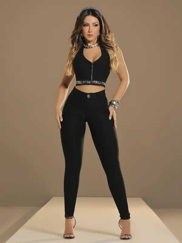 Cropped Preto Casual e Refinado com Elástico Personalizado Pit Bull Jeans Luxo
