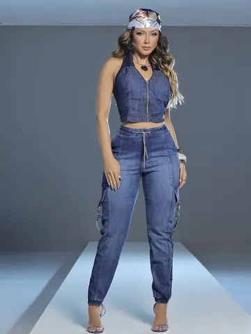 Calça Jogger Confortável com Elástico Lateral e Cordão de Strass Pit Bull Jeans Luxo