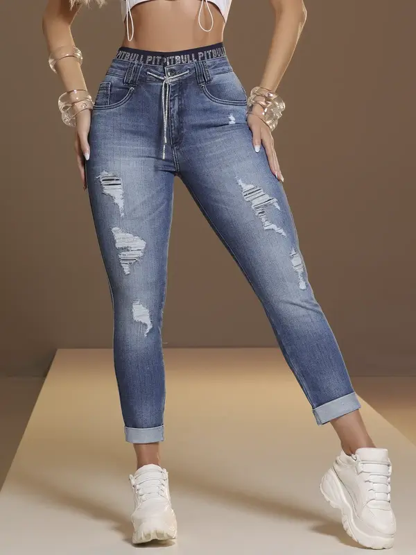 Calça Boyfriend Cropped Estilosa com Cordão de Strass e Elástico no Cós Pit Bull Jeans Luxo