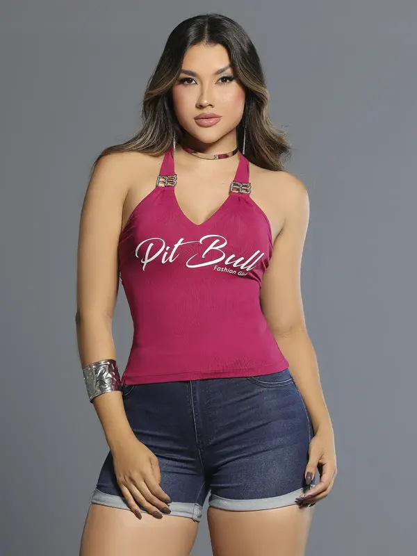 Blusa Frente Única com Estampa Glitter e Alças com Enfeite Pit Bull Jeans Luxo