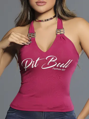 Blusa Frente Única com Estampa Glitter e Alças com Enfeite Pit Bull Jeans Luxo