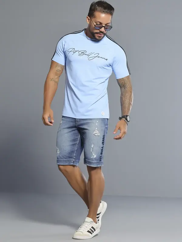 Camiseta Gola O Masculina com Relevo e Detalhe nos Ombros Pit Bull Jeans Luxo