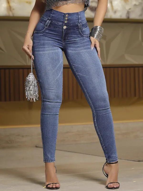 Calça Cintura Perfeita Jeans Azul Medio com Quatro Botões e Reforço Pit Bull Jeans Premium