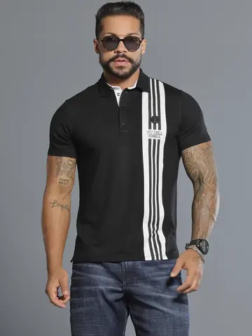 Polo Masculina com Listas Frontais e Estampa Hexagonal Pit Bull Luxo