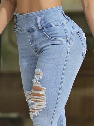 Calça Skinny Cós Largo e Detalhes em Navalhados Estilosos Pit Bull Jeans Premium