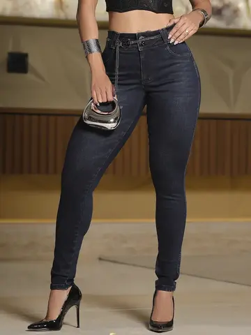 Calça Skinny Escura Cós Largo e Cinto de Strass Pit Bull Jeans