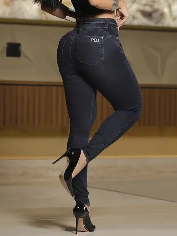 Calça Skinny Escura Cós Largo e Cinto de Strass Pit Bull Jeans