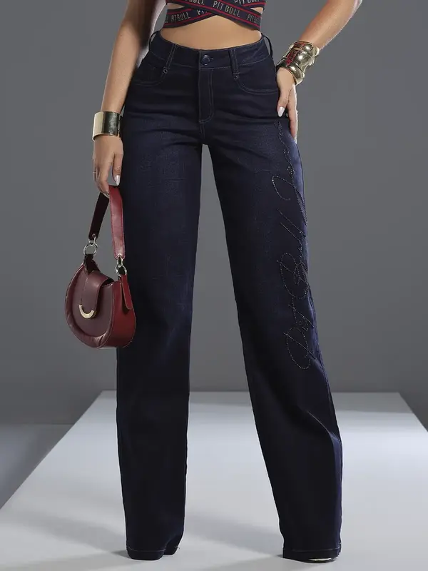 Calça Wide Leg Escura Estilosa e Elegante com Escrita Bordada Pit Bull Jeans Luxo