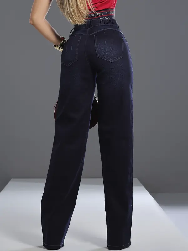 Calça Wide Leg Escura Estilosa e Elegante com Escrita Bordada Pit Bull Jeans Luxo