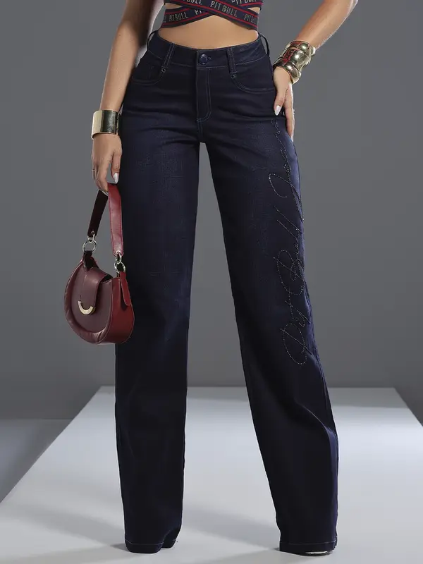 Calça Wide Leg Escura Estilosa e Elegante com Escrita Bordada Pit Bull Jeans Luxo