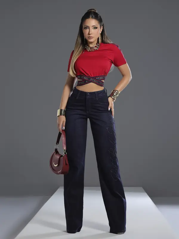 Calça Wide Leg Escura Estilosa e Elegante com Escrita Bordada Pit Bull Jeans Luxo