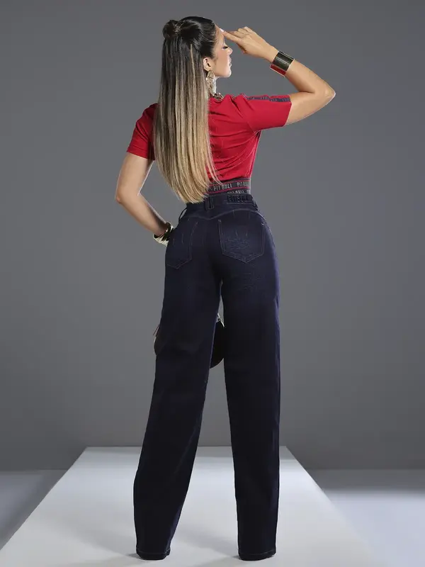 Calça Wide Leg Escura Estilosa e Elegante com Escrita Bordada Pit Bull Jeans Luxo