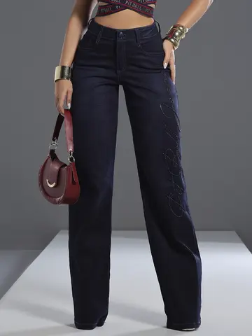 Calça Wide Leg Escura Estilosa e Elegante com Escrita Bordada Pit Bull Jeans Luxo