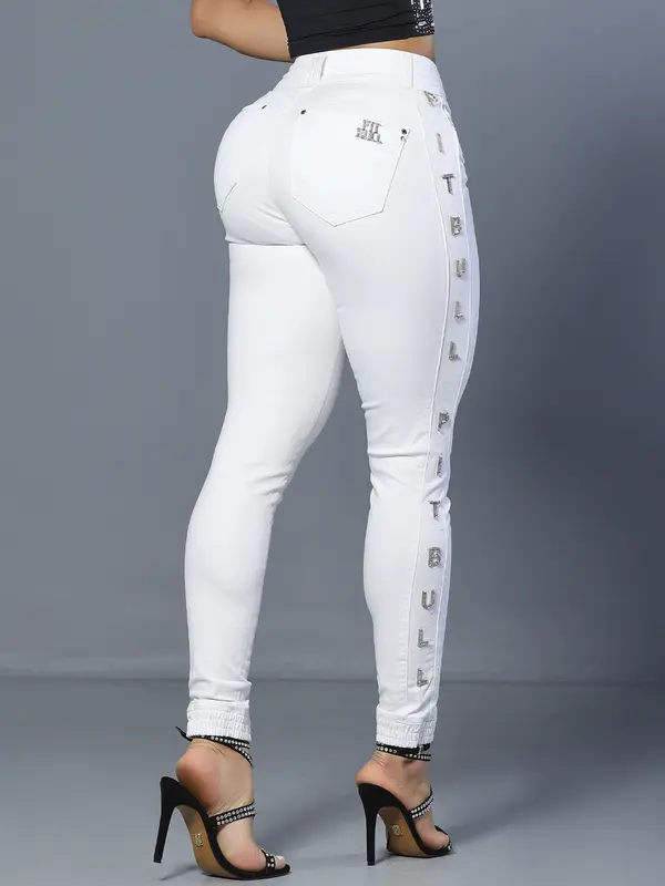 Calça Jogger Branca com Bordado Lateral e Cós com Elástico de Strass Pit Bull Jeans Luxo