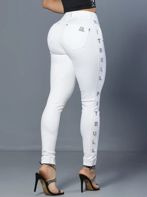 Calça Jogger Branca com Bordado Lateral e Cós com Elástico de Strass Pit Bull Jeans Luxo