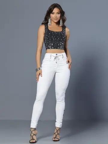 Calça Jogger Branca com Bordado Lateral e Cós com Elástico de Strass Pit Bull Jeans Luxo