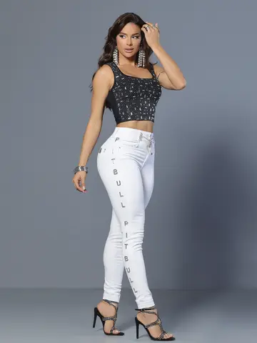 Calça Jogger Branca com Bordado Lateral e Cós com Elástico de Strass Pit Bull Jeans Luxo