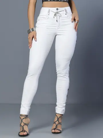 Calça Jogger Branca com Bordado Lateral e Cós com Elástico de Strass Pit Bull Jeans Luxo