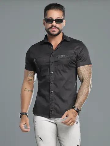 Camisa Masculina Preta Sofisticada e Casual Pit Bull Jeans