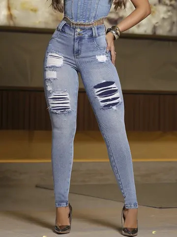 Calça Skinny Jeans com Destroyer Localizado e Reforço Pit Bull Jeans Premium