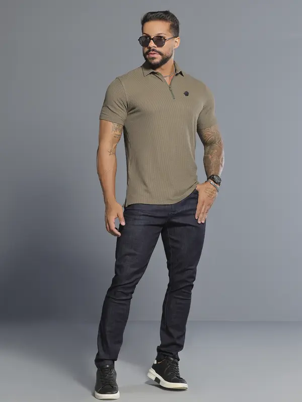 Polo Verde Musgo com Zíper e Gola Estruturada Pit Bull Jeans Luxo