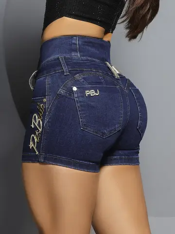Short Jeans Azul Escuro com Cinto de Strass e Bordado Pit Bull Jeans