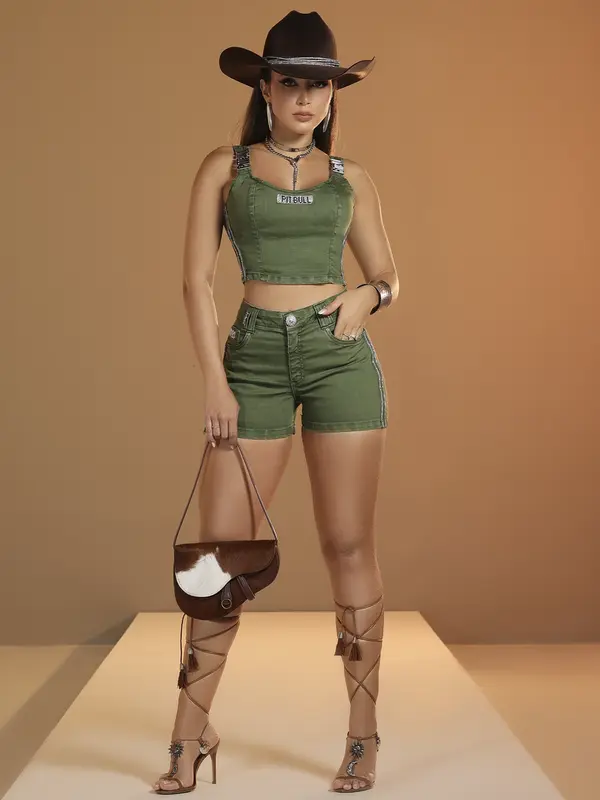Short Hot Pants Verde com Detalhes de Strass Pit Bull Jeans Luxo