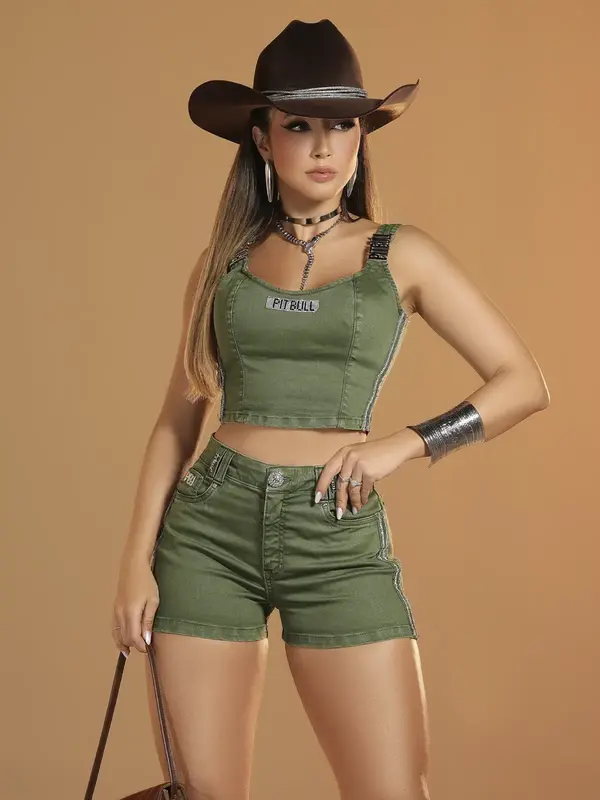 Short Hot Pants Verde com Detalhes de Strass Pit Bull Jeans Luxo