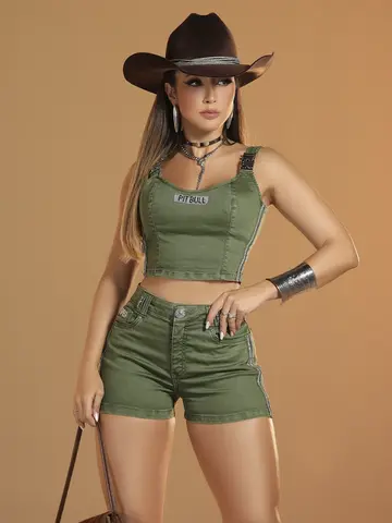 Short Hot Pants Verde com Detalhes de Strass Pit Bull Jeans Luxo