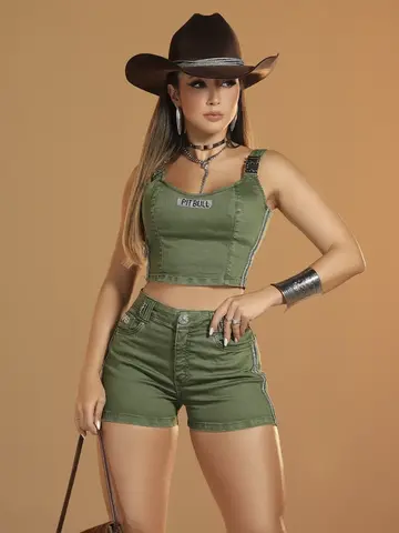 Short Hot Pants Verde com Detalhes de Strass Pit Bull Jeans Luxo