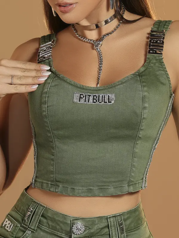 Cropped Feminino Verde Com Bojo Removível E Manta De Strass Pit Bull Jeans